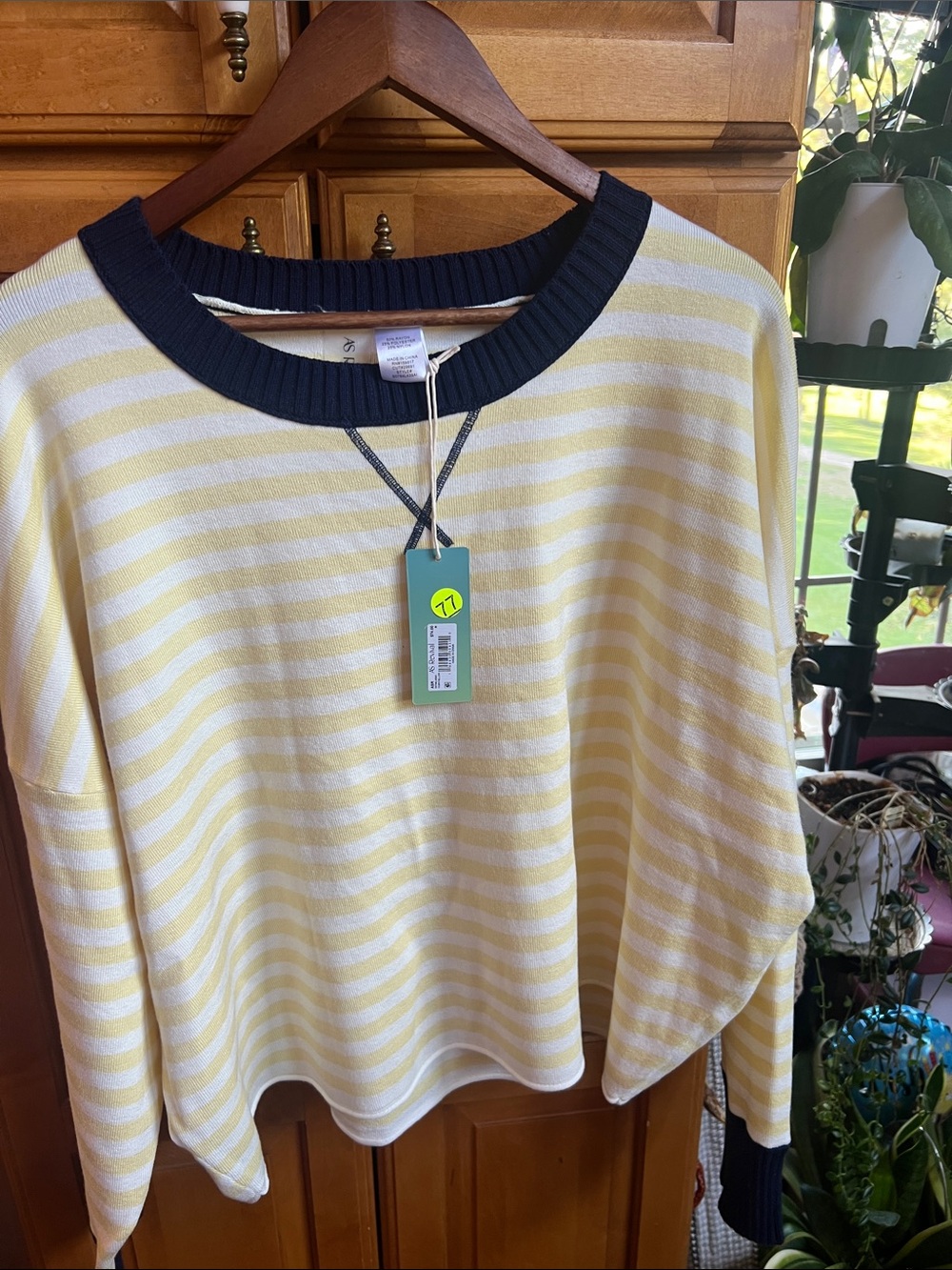 AS Revival by Altar’d State Yellow & White Striped Dolman Sweater w/ Navy Blue M